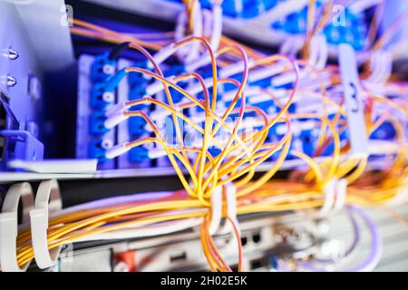 Nahaufnahme der organisierten Kabelanordnung im Server-Rack Stockfoto