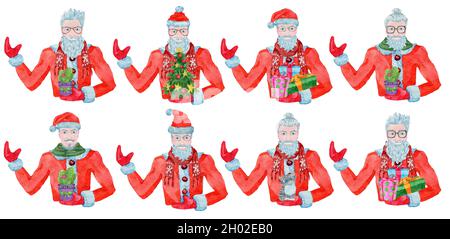 Set mit hübschen alten Mann trägt Weihnachtsmann Kostüm, Bart und stilvolle Haare halten Geschenke und Nadelbaum. Cooler Gentleman-Hipster zum neuen Jahr. Aquarell Stockfoto