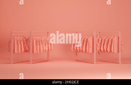Kleidung auf einem Kleiderbügel, Regal in einem rosa Hintergrund. Kollektion von Kleidung, die auf dem Regal in neutralen Beigetönen hängt. 3d-Rendering, Konzept Stockfoto