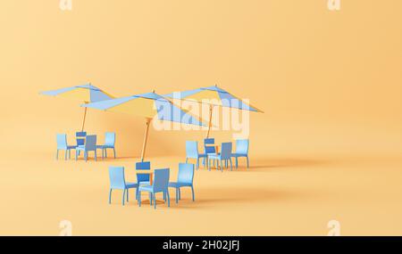 Strandliegen und Sonnenschirm auf pastellblauem Hintergrund und Organce, Wandersommer-Konzept. Trendy 3d-Rendering für Social-Media-Banner, Werbung Stockfoto