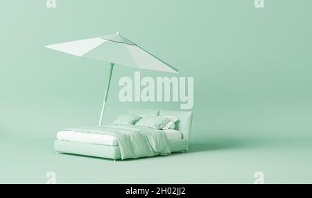 Bett und Regenschirm auf pastellblauem und grünem Hintergrund, Heim- und Wandersommer-Konzept. Trendy 3d-Rendering für Social-Media-Banner, Werbung Stockfoto