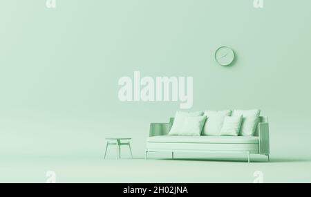 Die Inneneinrichtung des Zimmers ist in schlichten, monochromen, pastellblauen Farben gehalten und mit Möbeln und Accessoires ausgestattet. Heller Hintergrund mit Kopierbereich. 3D-Rendering Stockfoto