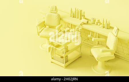 Pastellgelb monochrom Friseur moderne Minimal . Weiblicher Friseur Inneneinrichtung. Friseursalon mit Ausrüstung, Paket für Haarpflegeprodukt Stockfoto