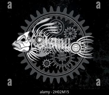 Kontur, weißes, mechanisches Skelett von Fischen mit Mechanismus von Silhouettenzahnrädern auf dunklem Grunge-Hintergrund. Steampunk-Style. Stock Vektor