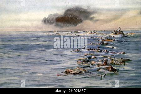 Die Spur der Lusitania - nach dem Untergang der Lusitania durch ein deutsches U-Boot, 7. Mai 1915, mit Leichen und Trümmern im Wasser Stockfoto