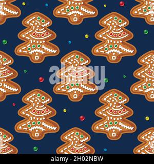 Nahtloses Muster mit Lebkuchenbaum auf Blau. Weihnachtsplätzchen. Vektorgrafik. Stock Vektor