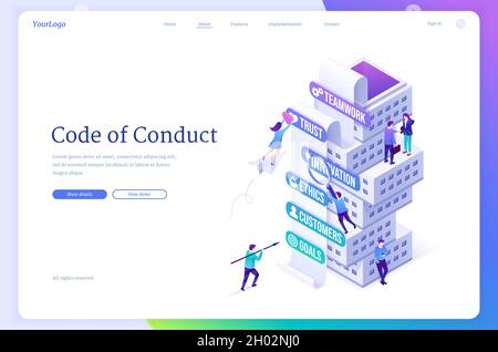 Code of Conduct isometrische Landing Page, Unternehmensregeln Konzept mit winzigen Büromitarbeiten im Turm der Kernwerte Teamwork, Vertrauen, Innovation, Ethik, Kunden und Ziele, 3d-Vektor-Webbanner Stock Vektor