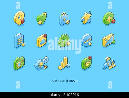 Satz von isometrischen Symbolen für soziale Medien, smm 3d-Symbole, die Pin-Map, wie Herz, Vorhängeschloss und Sterne. Cloud-Speicher, Dokument- und Zahnrad, Sprechblase, Mediendatei, Fotokamera, Schlüssel oder WiFi, Vektorschilder Stock Vektor