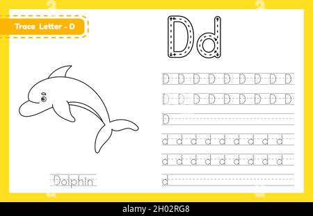 Trace-Buchstabe D in Groß- und Kleinbuchstaben. Alphabet Tracing Praxis Vorschule Arbeitsblatt für Kinder Englisch lernen mit niedlichen Cartoon Tier. Coloring boo Stock Vektor