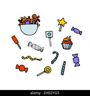 Doodle Vektor festliche süße Süßigkeiten Set. Farbbonbons, Cupcakes, Kuchen, Bonbons, Pfefferminzstäbchen isoliert auf weißem Hintergrund. Handgezeichnetes Dessert für k Stock Vektor