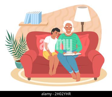 Glückliche Großmutter liest Buch mit Enkel, flache Vektor-Illustration. Großelternbeziehung mit Großelternkindeltern. Stock Vektor