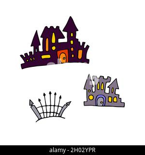 Doodle Vektor Burgen gesetzt. Handgezeichnete Häuser isoliert auf weißem Hintergrund. Farbtürme für Kinderdrucke, Halloween, Kleidung. Cartoon Burg mit Stock Vektor