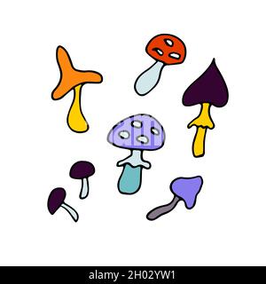 Set mit Kritzelpilzen. Handgezeichnete verschiedene nützliche, giftige Pilze isoliert auf weißem Hintergrund. Cartoon Symbol Wald, Natur, halloween, fliegen aga Stock Vektor