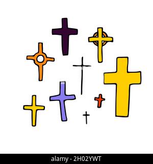 Doodle Crosses Set. Skizzieren Sie Grab isoliert auf weißem Hintergrund. Farbzeichen von Halloween, Tag der Toten, Beerdigung, RIP, Kirche. Religiöse Skizze Symbol Stock Vektor