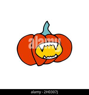 Doodle Halloween gruseliger orangefarbener Kürbis. Komisches, gruseliges, lächelndes Gesicht mit Reißzähne. Happy Halloween Holiday Symbol auf weißem Hintergrund isoliert. Zeichen Stock Vektor