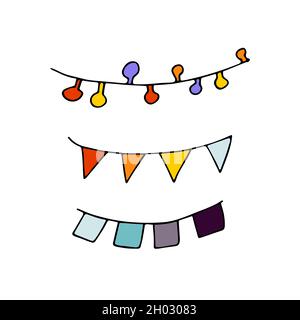 Halloween-Girlanden Mit Kritzeln. Handgezeichnetes, auf weißem Hintergrund isoliertes Festoon. Farblich festliche Dekoration mit Glühbirnen, Fahnen, Bändern. Vektorgrafik Stock Vektor