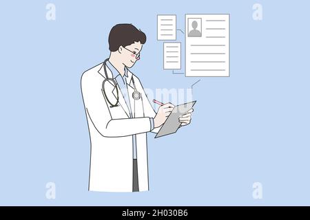 Mann Arzt in weißen medizinischen Uniform füllen Patientendaten auf moderne Tablette. Elektronisches Kundenprofil des Krankenhauses auf dem Gerät. GP haben Online-Beratung. Neue Technologie, Medizin. Vektorgrafik. Stock Vektor