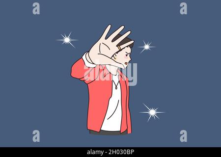 Unglücklicher junger Mann Berühmtheit genervt von Kamera blinkt Fotografen machen. Verzweifelter wütender männlicher Star störte Journalisten von Reportern und machte eine Stop-Hand-Geste. Flache Vektorgrafik. Stock Vektor