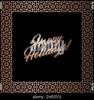 Abstrakter geometrischer quadratischer Rahmen für Glückliche Feiertage Grußkarte. Vektorgrafik, Designelemente. Goldrahmen auf schwarzem Hintergrund isoliert Stock Vektor