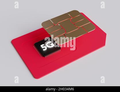 5G SIM mit einem Computerprozessor darin. Die fünfte Generation der mobilen Kommunikation. 3D-Rendering-Illustration. Stockfoto