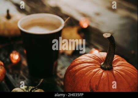 Nahaufnahme von Kürbis mit Kaffee in Pappbecher, Girlande und Ahornblätter im Hintergrund. Heißes Getränk. Herbstkomposition. Stockfoto