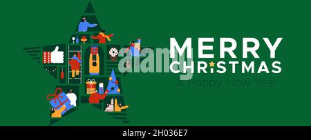 Frohe Weihnachten Frohes Neues Jahr Web-Banner Illustration von verschiedenen Menschen online in Stern Ornament verbunden. Internet Social Connection Konzept für Stock Vektor