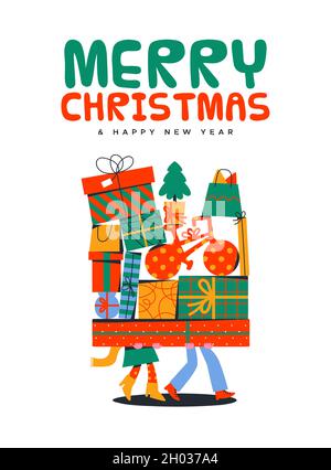 Frohe Weihnachten Frohe Neujahr Grußkarte Illustration von lustigen Mann und Frau mit großen Geschenk-Box Stapel. Fun Karton für Winter Weihnachten Urlaub presen Stock Vektor