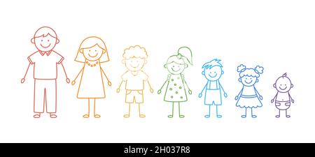 Happy Doodle Stick mans Familie. Satz von Hand gezeichnete Figur der Familie in den Farben des Regenbogens. Mutter, Vater und Kinder. Vektorgrafik isoliert in Stock Vektor