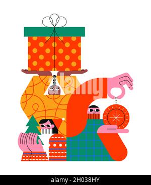 Diverse junge Freundschaftsgruppe mit weihnachtsgeschenken und Winterurlaub Ornament auf isoliertem weißem Hintergrund. Moderne flache Cartoon-Stil Illustration für f Stock Vektor