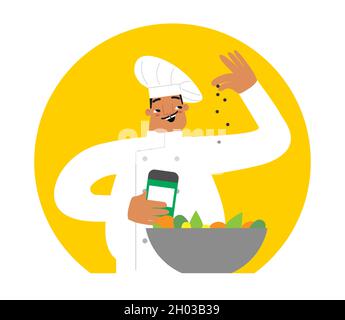 Vektor isoliert Konzept mit Porträt des erwachsenen kaukasischen professionellen Chef. Glücklicher italienischer Mann kocht frischen Salat mit Bio-Gemüse. Gesund und Stock Vektor