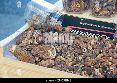 Morel-Pilze auf dem Bauernmarkt in Frankreich erhältlich Stockfoto