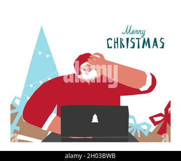 Vektor-Konzept mit flachem Charakter des glücklichen Weihnachtsmanns in der Nähe von Geschenkboxen, weihnachtsbaum. Er spricht mit Kindern über Online-Streaming-Dienste auf seiner com Stock Vektor
