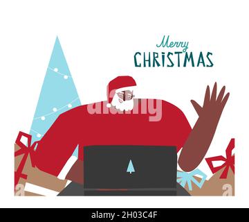 Vektor-Konzept mit flachem Charakter des afroamerikanischen Weihnachtsmanns in der Nähe von Geschenkboxen, weihnachtsbaum. Er spricht mit Kindern über Online-Streaming auf Compu Stock Vektor