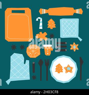 Vektor-Illustration mit knollenden Speisen zum Kochen Weihnachtsessen. Leckere Zutaten wie Zimt, Orangen, Lebkuchen und Küchengeräte auf dem Tisch Stock Vektor