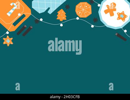 Vektordarstellung horizontales Banner mit Kopierfläche. Oben mit Girlande und Essen zum Weihnachtsessen dekoriert. Leckere Lebkuchenkekse, Zimt Stock Vektor