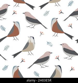 Niedliches handgezeichnetes weihnachtliches nahtloses Muster mit bunten Vögeln, Tannenzweigen und Vogelbeeren. Winter flaches Design für Textil, Scrapbooking Stock Vektor