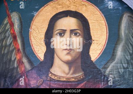 Erzengel Michael, einzigartige Ikone, Hagiographie in einer kleinen christlichen Kirche, von einem unbekannten Künstler Stockfoto