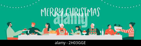 Frohe Weihnachten Frohes Neues Jahr Web-Banner Illustration der großen Familie Essen zusammen am Esstisch in Weihnachten Party-Veranstaltung. Moderne flache Cartoon-Design i Stock Vektor