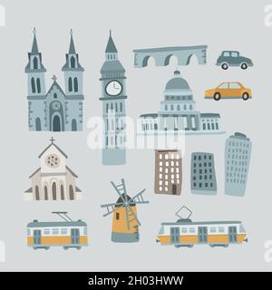 Handgezeichnete Häuser, Denkmäler. Transportfahrzeuge. Städtische Symbole auf blauem Hintergrund isoliert. Stadt, Dorf Konzept. Kathedrale, Big Ben Turm Stock Vektor