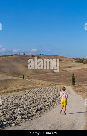 Im Herbst, September, wandern die Besucher entlang des Weges in der Landschaft von San Quirico d'Orcia, in der Nähe von Pienza, Toskana, Italien Stockfoto