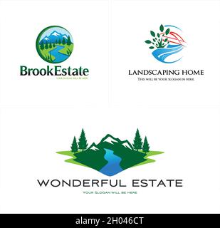 Moderne Landschaftsgestaltung Haus Natur im Freien Logo-Design Stock Vektor