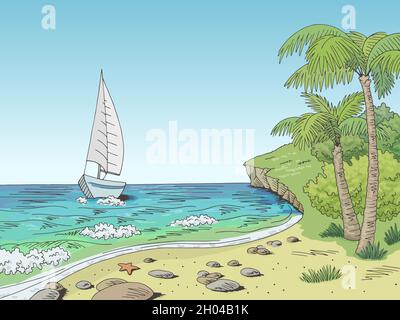 Küste Grafik Yacht Meer Bucht Farbe Landschaft Skizze Illustration Vektor Stock Vektor