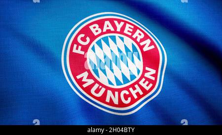 Die Flagge des FC Bayern München winkt auf transparentem Hintergrund. Nahaufnahme der wehenden Flagge mit dem Logo des FC Bayern München, nahtlose Schleife. Redaktionell Stockfoto