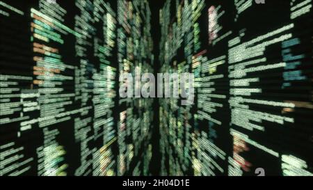 Computerskript wird endlos auf schwarzem Hintergrund mit verschwommener Wirkung geschrieben. Programmierung und Schaffung neuer Zeilen von Hacker-Code, nahtlose Schleife. Stockfoto