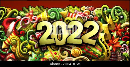 2022 Kritzeleien horizontale Abbildung. Neujahrs-Objekte und Elemente-Poster Stock Vektor