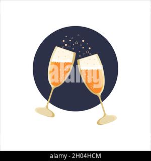 Champagner, zwei klirrende Gläser mit Blasen. Symbol für die Jubiläumsfeier. Feiertags-, Party-Logo. Vektorgrafik flach Stock Vektor