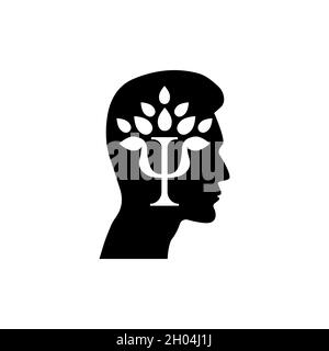 Profil von Mensch, Buchstabe PSI und Baum mit Blättern. Psychologiezeichen. Symbol für flache Therapie. Psychotherapie-Logo. Vektorgrafik minimal Stock Vektor