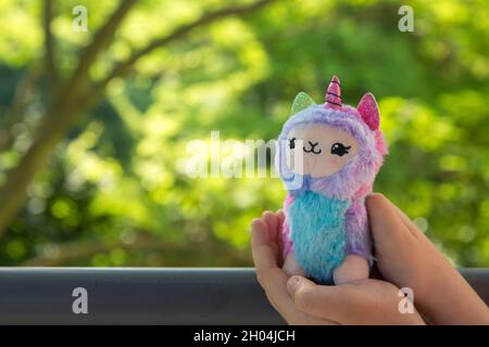 Farbige Plüsch Lama Einhorn in den Händen kleines Mädchen mit Grüns auf dem Hintergrund. Berühmtes und beliebtes Kinderspielzeug. Stockfoto