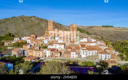 Panorama-Luftaufnahme von Vozmediano Soria Spanien, Autonome Gemeinschaft Castilla y Leon. Stadt der Region Moncayo. Stockfoto