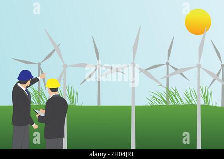 Geschäftstreffen für Windkraftanlagen-Energieprojekt im Windpark. Vektor- und Illustrationsdesign. Stock Vektor